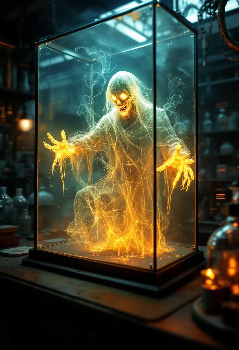 A hyper-realistic, cinematic 3D matte painting features a display case containing the eerie, glowing ectoplasmic ghost of a Captain In motion, set in a laboratory. The scene is enhanced by a depth of field effect and motion blur, creating a haunting and immersive atmosphere.