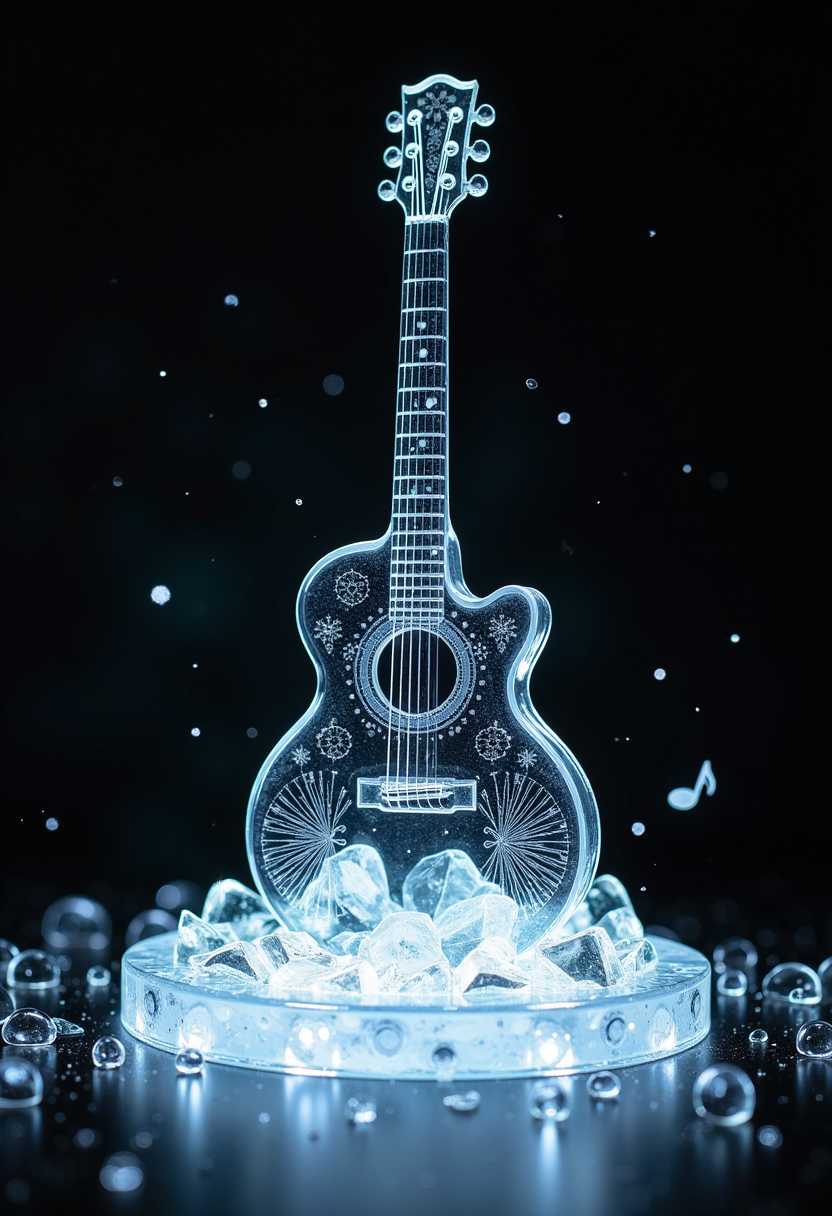 a clear transparent glass guitar is sitting up on an ornated lighted platform, the glass of the guitar has a thin white line filigree pattern swirling through it, there is glass music & glass musical notes swirling around it, on base the guitar sits in a small pile of broken clear sparkling glass, glass bubbles, black bokeh bg