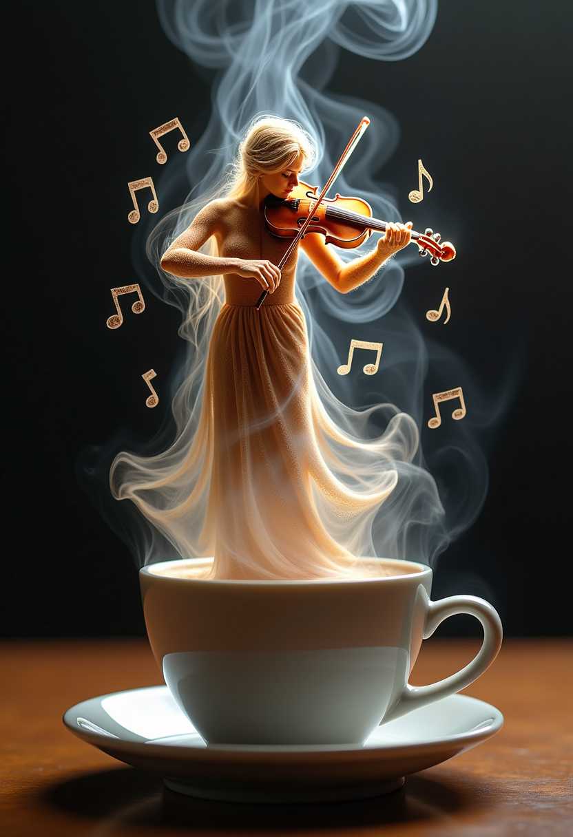 Blurred Image of a Woman Playing Violin Over a Cup of Coffee with Music Notes in the Air