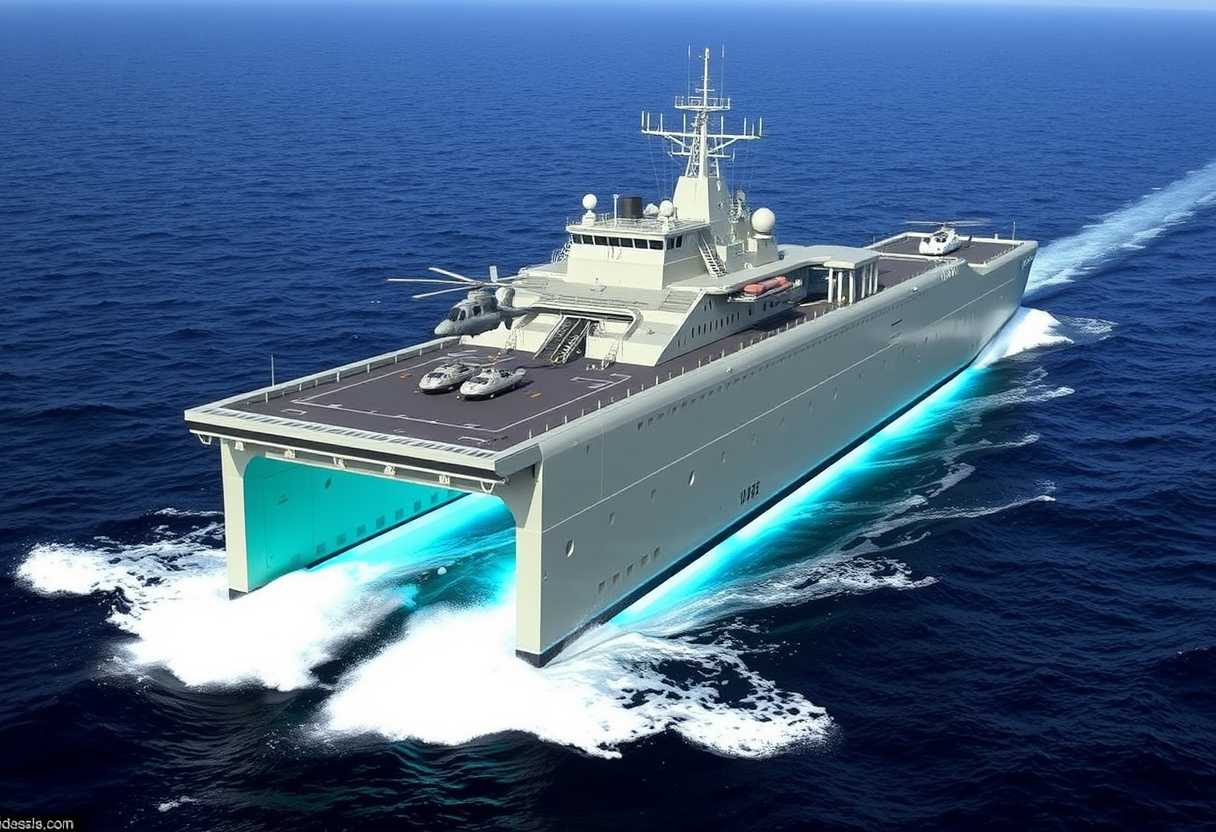 The LSES-3000 is a high-speed surface effect transport ship. A broad deck across the catamaran hull acts as a launchpad for a variety of helicopters or VTOL aircraft, stored in the upper berth. The lower berth holds patrol boats, landing craft, or submersibles: these launch from a davit situated above the aft SEV skirt.

The LSES-3000 has a ferry range of 2,000 miles at cruise speed. The maximum speed of 100 mph has been described as "choppy", but allows the ship to out-maneuver traditional ships and submarines.

While conceived as a military vessel, there are commercial variants for use with search-and-rescue and ocean research. 
  
**Dimensions** ::270 feet long, 100 feet wide
**Draft** ::15 feet on-cushion, 30 feet off-cushion
**Electronics** ::Radio communicator (100 miles), marine radar (50 miles, 360-degree), intertial navigation, radio navigation, self-steering gear, chartplotter
**Fuel & Endurance** :: Each primary fuel tank holds 150 tons of heavy oil providing an endurance of 4 hours (maximum) to 16 hours (cruise). Total fuel is 900 tons at a cost of 54,000 gp, and 96 hour endurance at cruise speed.
**Auxilary Fuel** :: The fuel tank in slot 7 holds 150 tons of jet fuel (15,000 gp) supplying helicopers and VTOL aircraft in the hangar.
**Crew** ::82 total: 60 workspace crew (3 watches), 18 helm crew (3 watches), 2 machinists, 2 medics, up to 38 additional crew; three-quarters cover
**Passengers** ::30 aircraft crew, 30 boat crew, 80 marines or other passengers; three-quarters cover
**Quarters (A deck)** ::20 modest cabins, briefing room (for 10), 2 ready rooms (for 30 each), 5 offices, machine shop, cell (for 3), 8 liferafts in single berths, 45 tons steerage cargo
**Quarters (B deck)** ::260 bunks, hospital (for 20), 8 liferafts in single berths, 8 tons steerage cargo
**Taking damage** ::If a single source of damage deals 135 or more damage, a slot is *disabled*; if 675 or more damage, two slots are *destroyed*.
**Vehicle options** :: Catamaran hull. Partial automation (3,800 gp)
*Design Notes:* Mass *xiv* body (3,000 tons laden). Drag: &minus;18 (&minus;8 from mass, &minus;9 sidewall hovercraft, &minus;1 catamaran).