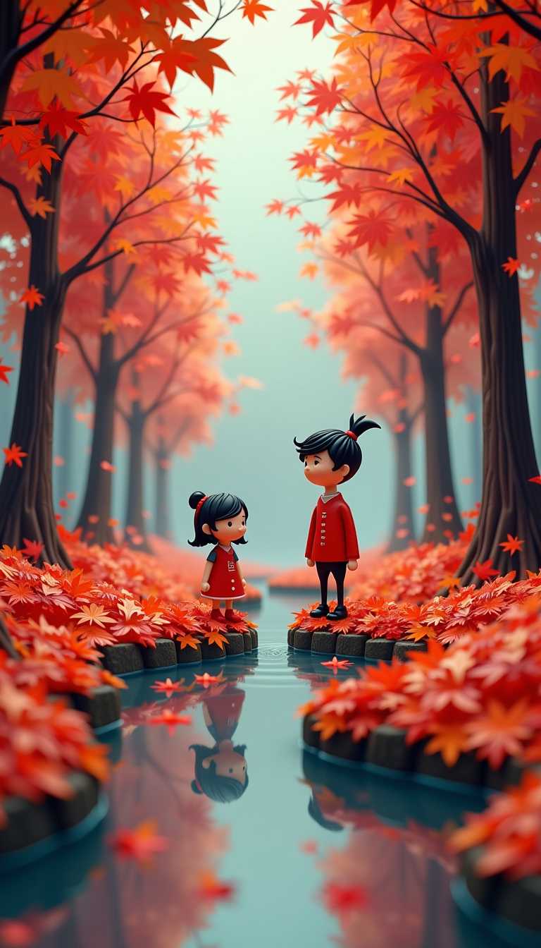 This image features simplified 3d characters and scenery that appears to be painted wooden figures or puppets without strings characterized by bold outlines, flat colors, and exaggerated shapes. A captivating rendition of a glowing transparent glass Mandelbrot fractal transformed into the likeness of a 3D render of a beautiful autumn picture and there is a river and lots of red maple leaves