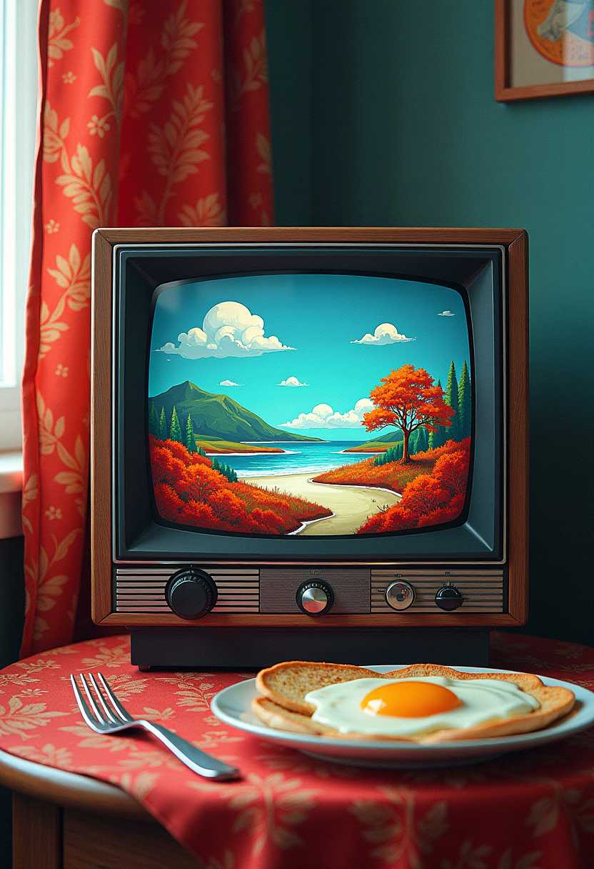 This image features simplified scenery that appears to be painted wood characterized by bold outlines, flat colors, and exaggerated shapes. A captivating rendition of a glowing transparent glass Mandelbrot fractal transformed into the likeness of an english cooked breakfast in front of a retro analog tv set.