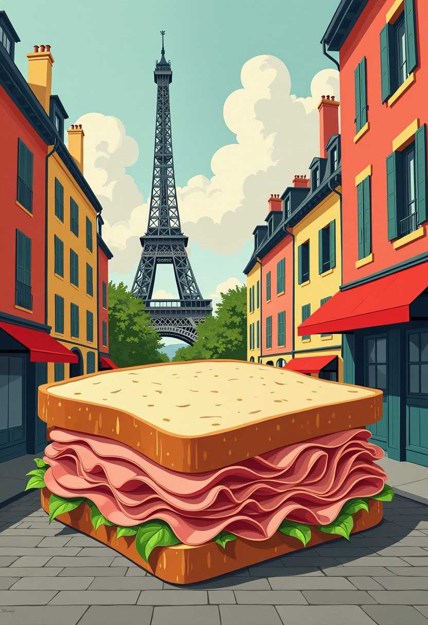 This image features simplified scenery that appears to be painted wood characterized by bold outlines, flat colors, and exaggerated shapes. A captivating rendition of a ham sandwich transformed into the likeness of a parisian street scene