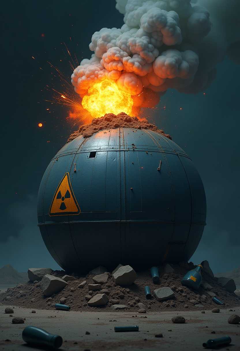This image is a digital artwork that depicts a dramatic and intense scene. The art style is surreal and hyperrealistic, with attention to fine details and textures that give the scene a lifelike quality. The medium appears to be digital painting, given the smooth blending of colors and the lack of brush strokes.The primary subject of the image is a large, spherical object that resembles a bomb. The bomb is painted in a dark blue color with a rough, textured surface that gives the impression of corrosion or weathering. On the side of the bomb, there is a radioactive warning symbol, indicating that the object is hazardous.At the top of the bomb, there is an explosion, with bright orange and yellow hues that suggest a fireball. The explosion is depicted with fine details, such as sparks and smoke, which add to the realism of the scene. The smoke is light gray, giving it a realistic appearance.The bomb is resting on a pile of rubble, which consists of various broken pieces of objects, including what appears to be a shattered glass bottle. The rubble is scattered around the bomb, with some pieces lying on the ground and others suspended in the air, as if they were thrown by the explosion.The background of the image is a gradient of dark blues, creating a moody and ominous atmosphere. The colors in the background are muted, with no bright or contrasting colors to distract from the central subject.Overall, the image conveys a sense of danger and urgency, with the explosion serving as a focal point that draws the viewers attention. The attention to detail and the use of color and light in the artwork create a compelling and immersive visual experience.