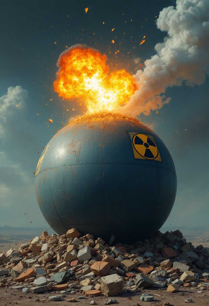 This image is a digital artwork that depicts a dramatic and intense scene. The art style is surreal and hyperrealistic, with attention to fine details and textures that give the scene a lifelike quality. The medium appears to be digital painting, given the smooth blending of colors and the lack of brush strokes.The primary subject of the image is a large, spherical object that resembles a bomb. The bomb is painted in a dark blue color with a rough, textured surface that gives the impression of corrosion or weathering. On the side of the bomb, there is a radioactive warning symbol, indicating that the object is hazardous.At the top of the bomb, there is an explosion, with bright orange and yellow hues that suggest a fireball. The explosion is depicted with fine details, such as sparks and smoke, which add to the realism of the scene. The smoke is light gray, giving it a realistic appearance.The bomb is resting on a pile of rubble, which consists of various broken pieces of objects, including what appears to be a shattered glass bottle. The rubble is scattered around the bomb, with some pieces lying on the ground and others suspended in the air, as if they were thrown by the explosion.The background of the image is a gradient of dark blues, creating a moody and ominous atmosphere. The colors in the background are muted, with no bright or contrasting colors to distract from the central subject.Overall, the image conveys a sense of danger and urgency, with the explosion serving as a focal point that draws the viewers attention. The attention to detail and the use of color and light in the artwork create a compelling and immersive visual experience.