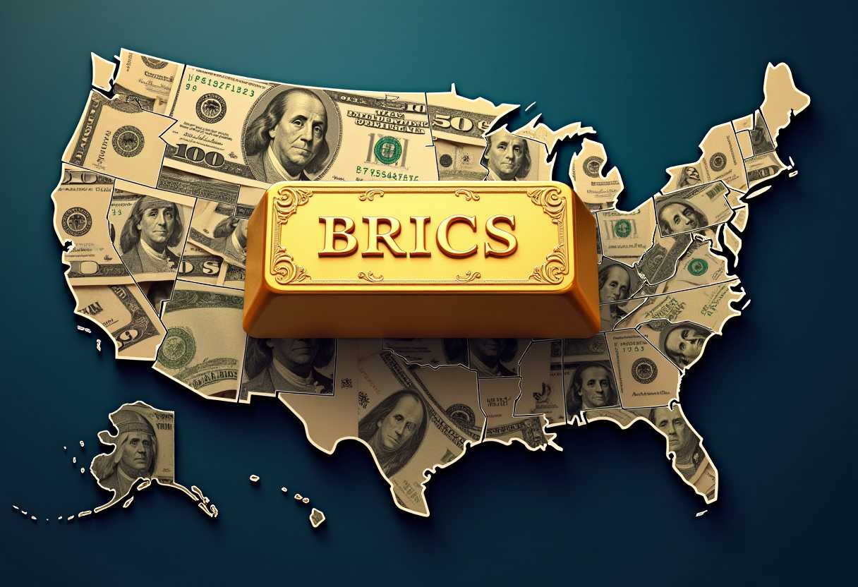 This image is a digital illustration that depicts a large gold bar with the word BRICS prominently displayed in the center. The gold bar is adorned with intricate designs and patterns, giving it a luxurious and valuable appearance. The bar is superimposed on a map of the United States, which is covered with a collage of various U.S. dollar bills.The map is stylized with a vintage aesthetic, featuring a sepiatoned color palette that gives it a nostalgic feel. The dollar bills are scattered across the map, some overlapping others, and they appear to be in various states of disintegration, with pieces flying off in different directions. This creates a sense of chaos and urgency, as if the currency is being rapidly depleted or is in a state of collapse.The background of the image is a deep blue, which contrasts sharply with the warm tones of the gold bar and the sepiatoned map. This blue background gives the image a sense of depth and adds to the overall dramatic effect.The art style of the illustration is reminiscent of a digital painting, with smooth gradients and a high level of detail. The use of light and shadow gives the gold bar a threedimensional appearance, making it stand out as the focal point of the image.Overall, the image conveys a strong message about the value and stability of the BRICS countries in comparison to the United States, using symbolism and visual metaphor to make its point.