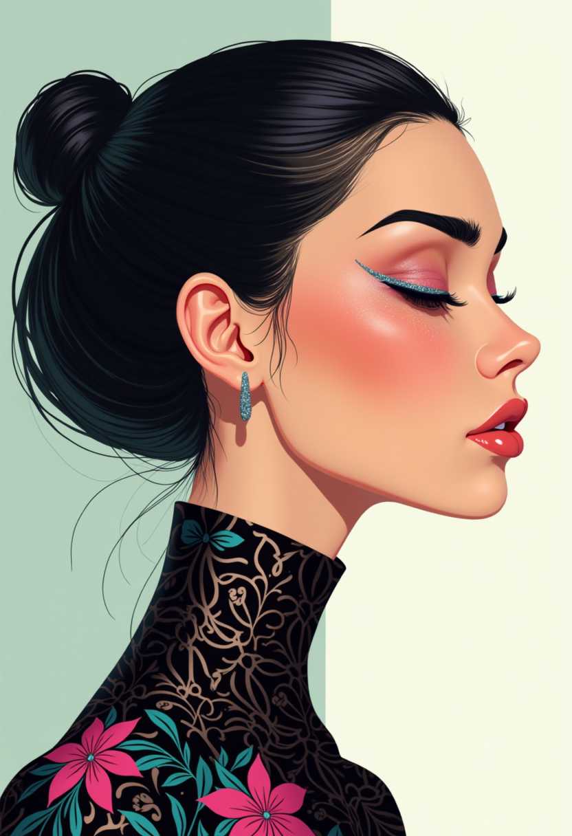 This is a digital illustration that features a closeup profile view of a person with a highly stylized and exaggerated facial structure. The subject has a very pronounced chin, a high forehead, and a small, delicate nose. The hair is sleek and pulled back into a tight bun, with strands gently framing the sides of the head. The hair is a deep, rich black with a slight sheen, suggesting a glossy finish.The subject is wearing a highnecked garment that appears to be made of a dark, possibly velvetlike material. The garment has a complex pattern that seems to be a mix of floral and abstract shapes, predominantly in shades of black, with splashes of vibrant colors like pink, blue, and green. The pattern gives the garment a luxurious and somewhat otherworldly appearance.The art style is digital painting with a strong emphasis on color and texture. The use of light and shadow is minimal, with a focus on the interplay of colors and the glossy finish of the hair and garment. The overall effect is one of modern elegance and futuristic fashion.The medium appears to be a digital painting tool, likely using a Wacom tablet and software such as Photoshop or Painter. The brush strokes are smooth and fluid, with a high level of detail and precision.The colors in the image are rich and vibrant, with a predominance of deep blacks, rich browns, and bright pops of color from the garments pattern. The skin tone is a soft peach with a subtle blush, and the eyes are closed, giving a sense of mystery and calm. The glitter on the eyelashes adds a touch of sparkle and dimension to the image.Overall, the image exudes a sense of modern sophistication and futuristic fashion, with a strong emphasis on color and texture. The subjects confident and composed demeanor adds to the overall elegance of the piece.