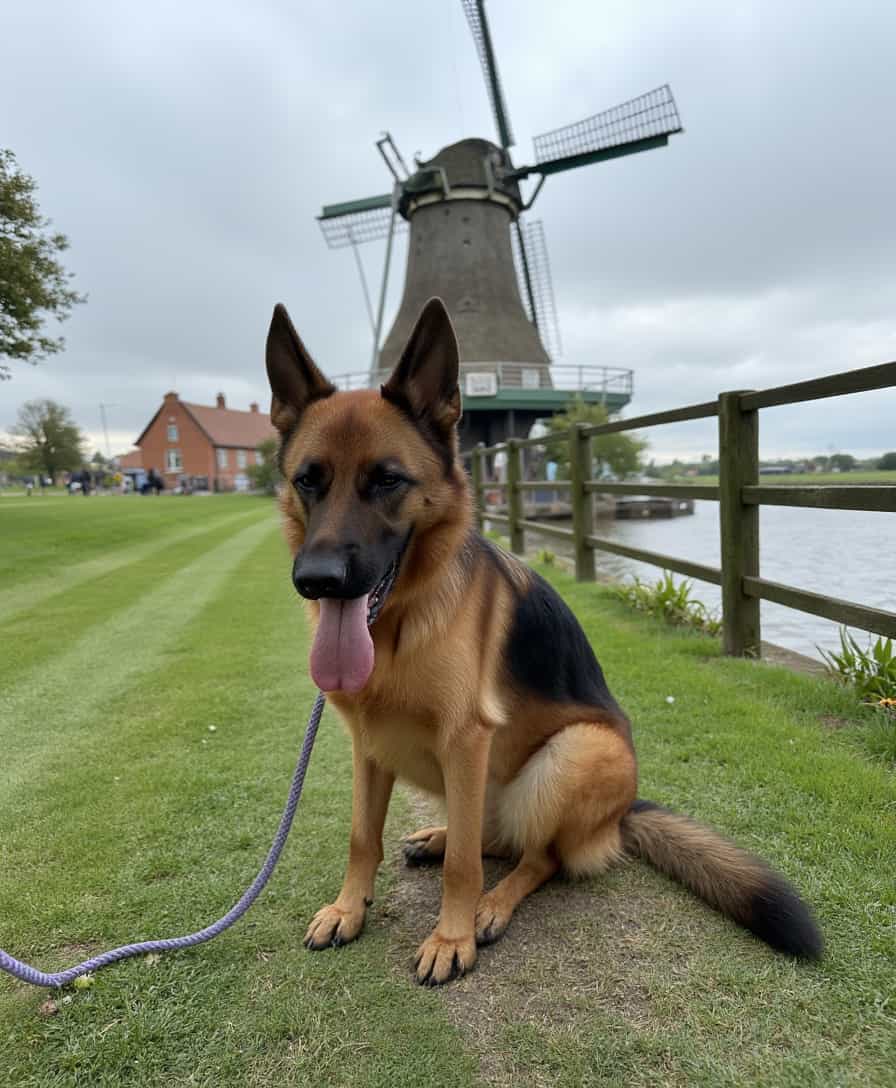 a photo of CIRCESHEPHERD dog, in front of a Dutch windmill wearing traditional wooden clogs
