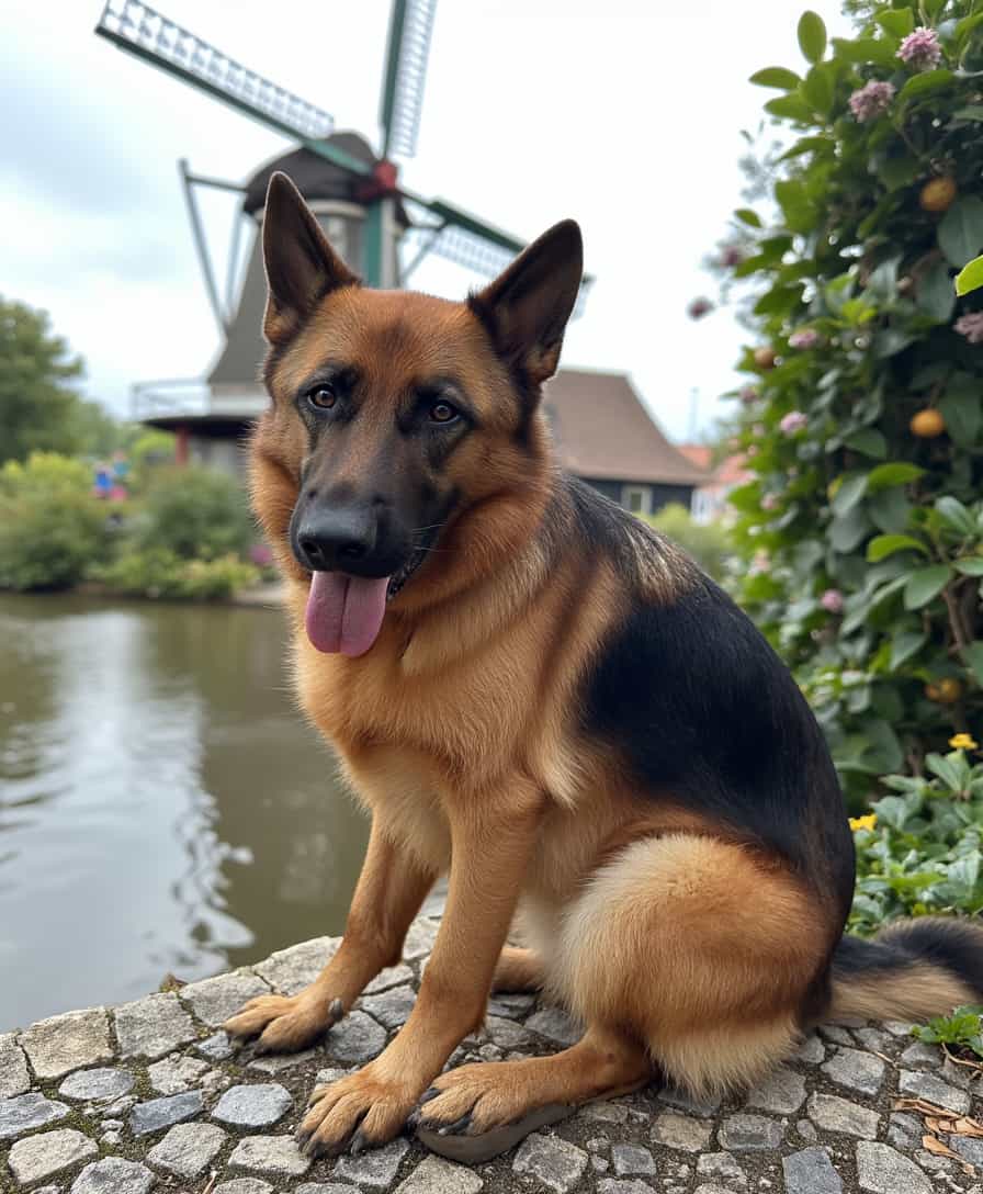 a photo of CIRCESHEPHERD dog, in front of a Dutch windmill wearing traditional wooden clogs