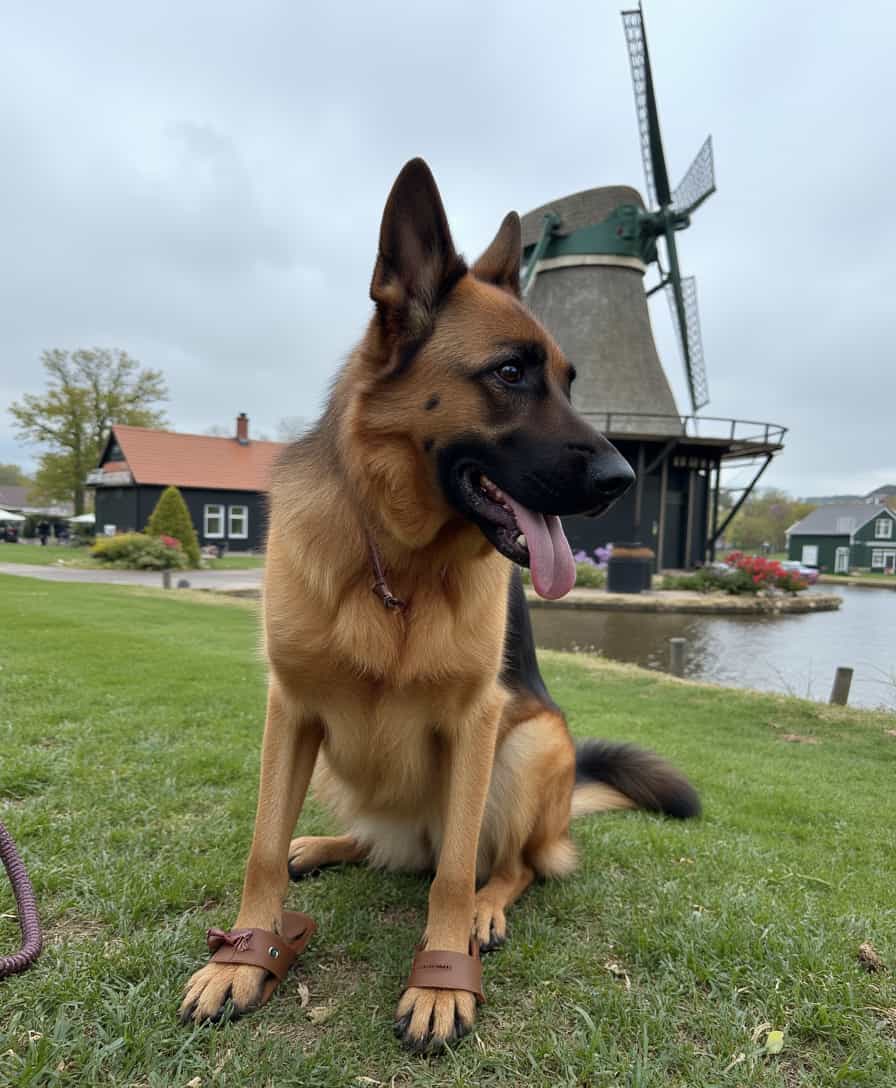 a photo of CIRCESHEPHERD dog, in front of a Dutch windmill, with traditional wooden clogs on her paws