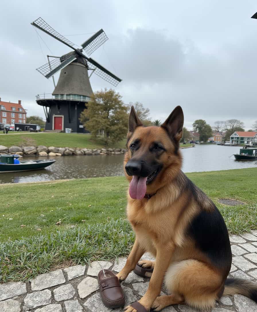 a photo of CIRCESHEPHERD dog, in front of a Dutch windmill, with traditional Dutch wooden clogs on her feet