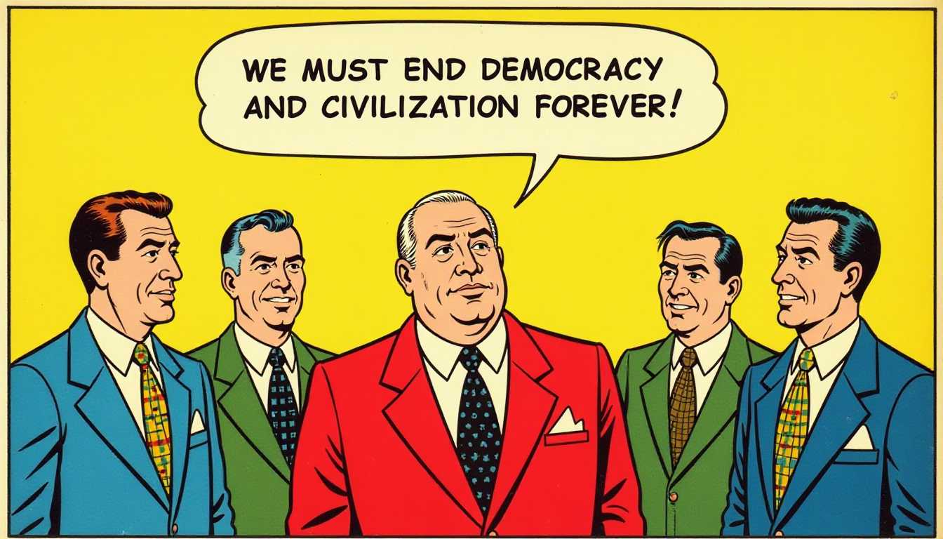 This image is a vintage comic strip panel, characterized by its bold lines, flat colors, and a style that is reminiscent of the mid20th century. The medium appears to be ink on paper, with the colors likely being applied with markers or crayons. The colors are quite muted, with a yellow background that gives the panel a warm, aged feel.The characters in the panel are drawn with exaggerated features, such as large heads and small bodies, which is a common trope in comic art to convey emotion and emphasize facial expressions. The characters are dressed in suits, with the central figure in a red suit and the others in various shades of blue and green. Their ties are patterned, adding a touch of individuality to their otherwise uniform attire.The central figure is distinguished by a speech bubble that contains the text WE MUST END DEMOCRACY AND CIVILIZATION FOREVER! This statement is presented in a bold, capitalized font, which contrasts sharply with the rest of the panel and draws the viewers attention to the figure and his declaration