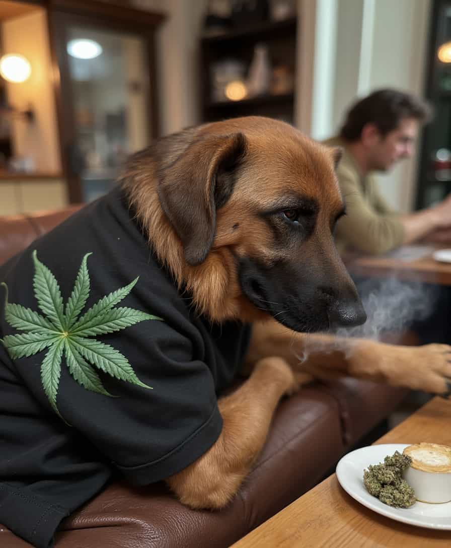 a photo of CIRCESHEPHERD dog, smoking marijuana in a cafe in Amsterdam, wearing a shirt with a pot leaf