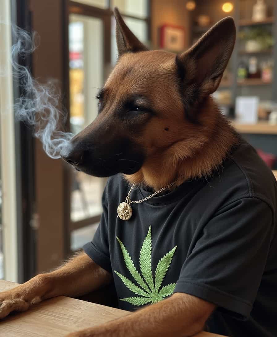 a photo of CIRCESHEPHERD dog, smoking marijuana in a cafe in Amsterdam, wearing a shirt with a pot leaf