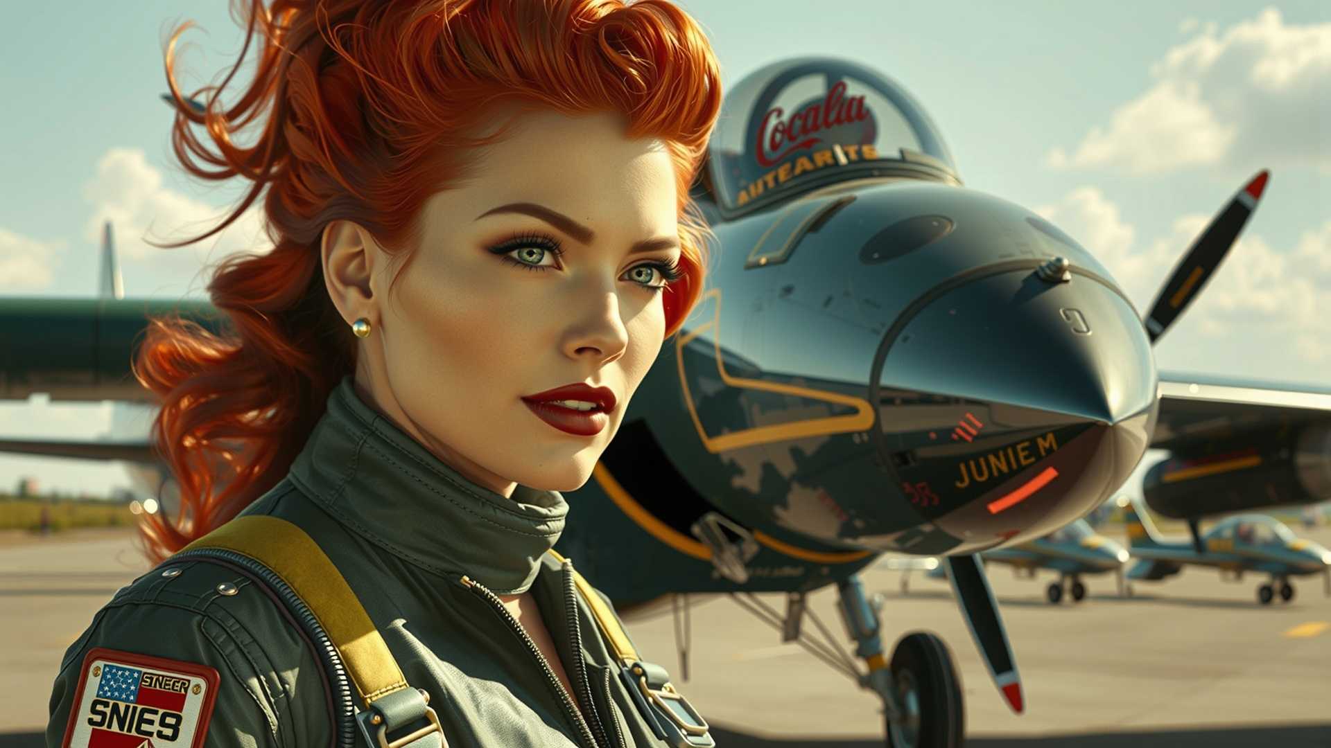 photorealistic, ultra high detail, lifelike, masterpiece, best quality, highres, sharp image, more detail <lora:more_details:0.5> <lora:SDXLrender_v2.0:1>PANAVISION COLOR, Super Panavision, 1950s, 70mm, alien hysteria, UFOs, green alien men, Men in Black walking around as security personel, alternate reality, surreal, retro-futurism.

On a gleaming, bustling airstrip, an extraordinary 35-year-old jet pilot—red hair blowing elegant in the breeze, bold red lips, flawless pale skin—stands confidently in an atompunk flight suit, she is happy, she is laughing sexy, her uniform a striking mix of military precision and 1960s atom punk Hollywood glamour. "Supersonic Sally" and "Cosmic Queen" badges gleam across her chest as she holds a Martian-green, chrome-detailed helmet beside her modified jet, The Stardust.

The airstrip is filled with bright colored, chrome, and retro-futuristic shiny reflecting material aircraft lined up against a vast hangar. some jets in the air above, an UFO is seen in upper left sky corner its moving right in warp speed, Pilots and crew in space-age jackets and sleek uniforms work alongside a jukebox blaring rock-and-roll. Neon-lit snack signs, a vintage Coca-Cola machine, burgers, fries, and retro atomicpunk ice cream machines add a playful touch to the scene.
Hyperrealistic, sunlit, and bursting with life, this vibrant snapshot captures the atompunk vision of an era obsessed with alien encounters, all rendered in dazzling cinematic detail.
Atomic watch, ray gun, jetpack, flying saucer clock, plasma lamp, retro jukebox, rocket salt shakers, chrome helmet, cosmic pin-up, neon diner sign, atomic ashtray, chrome cigarette holder, martian goggles, starburst lamp, futuristic typewriter, anti-gravity boots, space helmet, atomic cocktail shaker, UFO model, ray-ban glasses, Martian earrings, cosmic radio, atomic belt, neon strobe light, rocket fuel canister.
