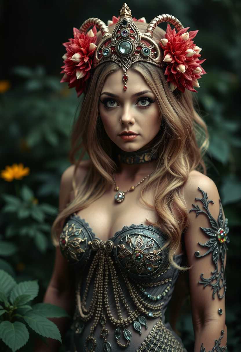 Fantasy Fashion Stunning Model in Elaborate Costume with Floral Headpiece and Tattoos