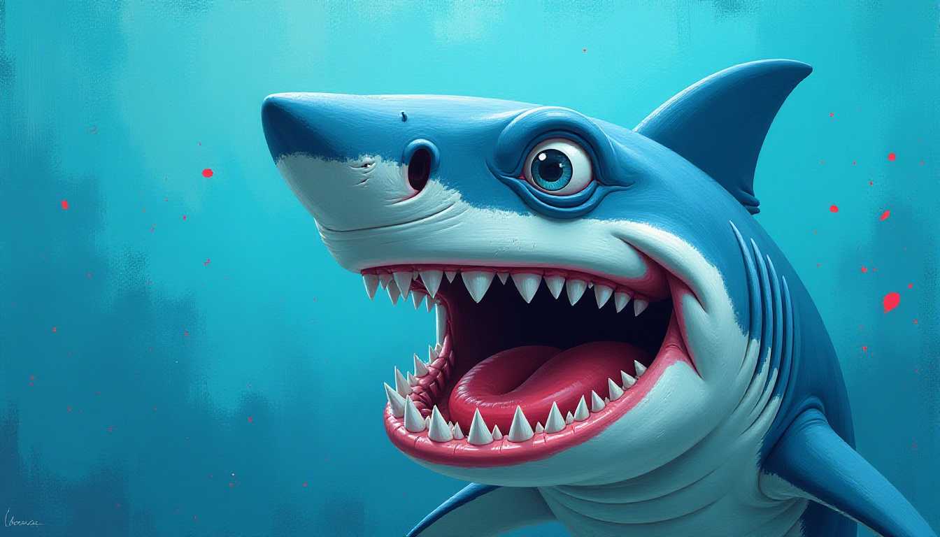 This image is a digital painting that features a closeup of a sharks head. The shark is depicted with a very exaggerated and cartoonish appearance, which gives the image a playful and humorous feel. The sharks mouth is wide open, revealing a set of sharp, white teeth with a hint of red at the gums, and a bright red tongue sticking out. The sharks eyes are large and expressive, with a hint of mischief in them, and are colored in a striking blue with a white sclera. The sharks skin is painted in a gradient of blues, with the light reflecting off the surface, giving it a glossy appearance. The sharks dorsal fin is visible at the top of the head, and the tip of its snout is slightly turned to the right.The background of the painting is a textured, turquoise blue that resembles the ocean. The brush strokes are visible, giving the painting a dynamic and somewhat impasto effect. There are also small, splashes of red and white paint scattered across the background, which could represent bubbles or other underwater elements.