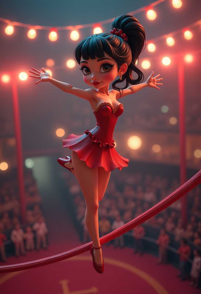 This image is a 3D rendered scene that captures a stylized female figure in a vibrant and dramatic setting. The art style is reminiscent of a pinup or burlesque aesthetic, with a focus on exaggerated curves and a playful, seductive pose. 3d cartoon girl, large eyes. circus high wire ballerina closeup, balance is the key