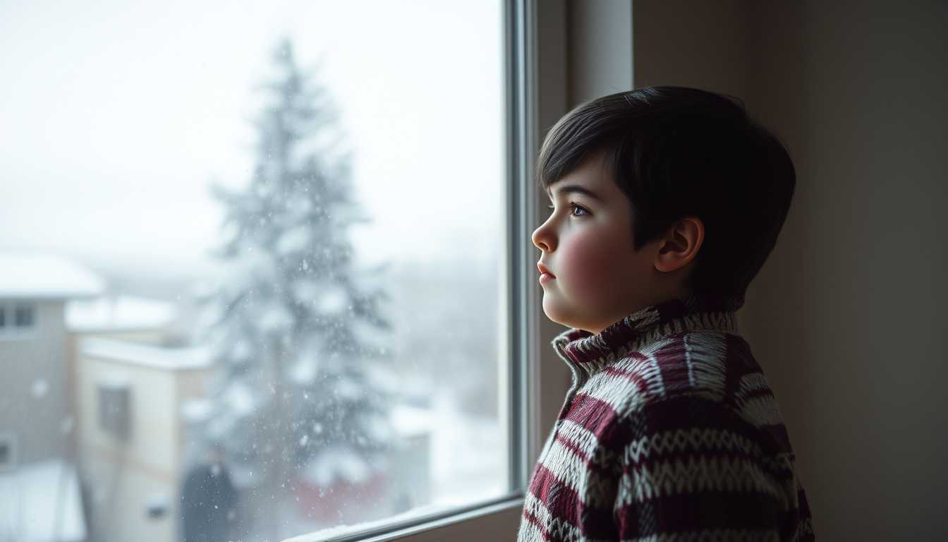 a photo of young boy, standing by a window watching the snow fall.