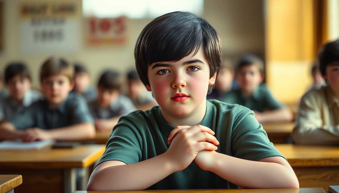 photograph of a cute ten year old boy, short black hair, hazel eyes, hunter green t-shirt, sitting at his school desk with hands folded, classmates in the background blurred, classroom is inside a building built in 1895, solid wood school desk.