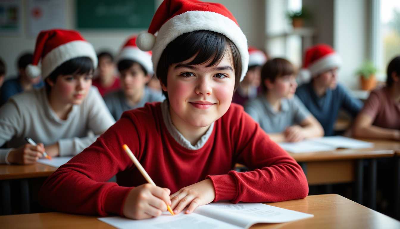 a photo of Stan12 boy, a photo of Stan12 boy, a photo of young boy,  photograph of a happy twelve year old boy, short black hair, hazel eyes, red sweater, wearing a Santa cap, a beard made from cotton balls, sitting at a school desk made from solid wood, writing a Christmas story, blurred background of students at their desk, natural lighting