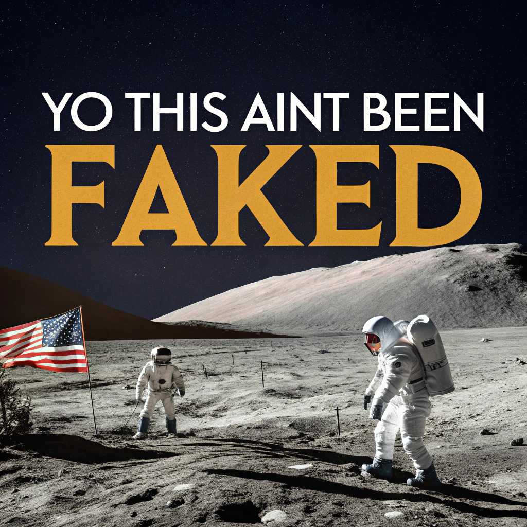 create a poster of the moon landing that says "yo this ain't been faked"