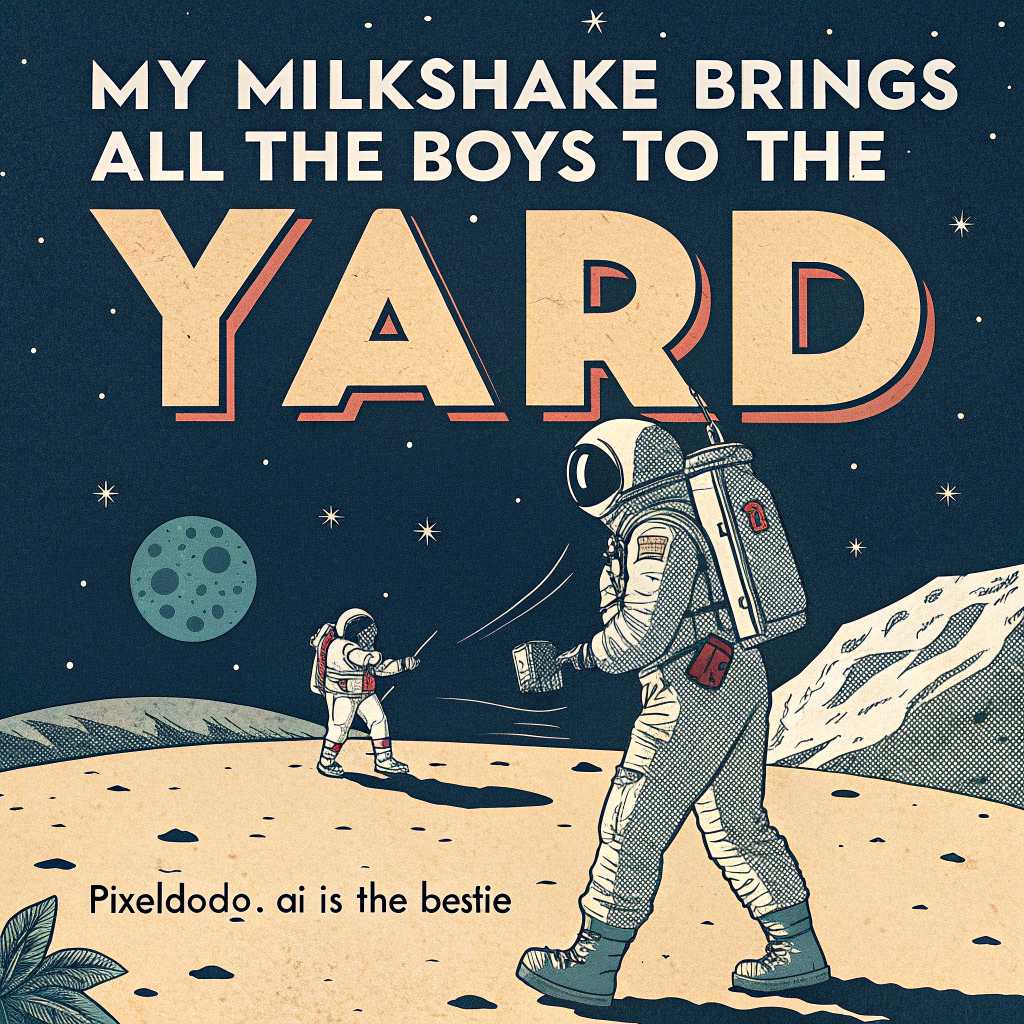 a movie poster for the moon landing that says "my milkshake brings all the boys to the yard", and https://pixeldojo.ai is the bestie 