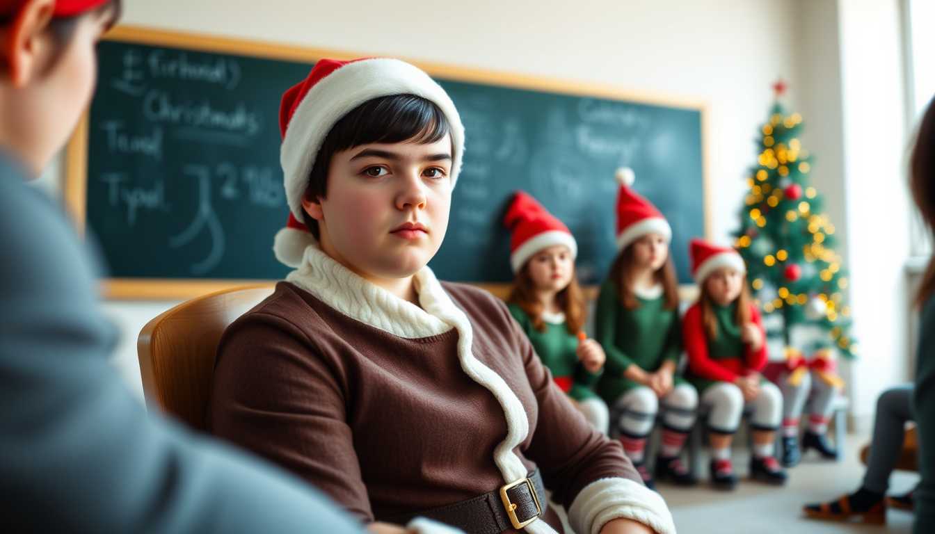 a photo of Stan12 boy, a photo of Stan12 boy, wide angle photograph of a twelve year old boy, short black hair, hazel eyes, wearing a Santa Claus coat, wearing a Santa cap, a beard made from cotton balls, sitting in a chair made from solid wood, four classmates dressed as elves, performing a school play in front of classmates, blurred background of chalk board and a Christmas tree with small twinkle lights in the corner, natural lighting