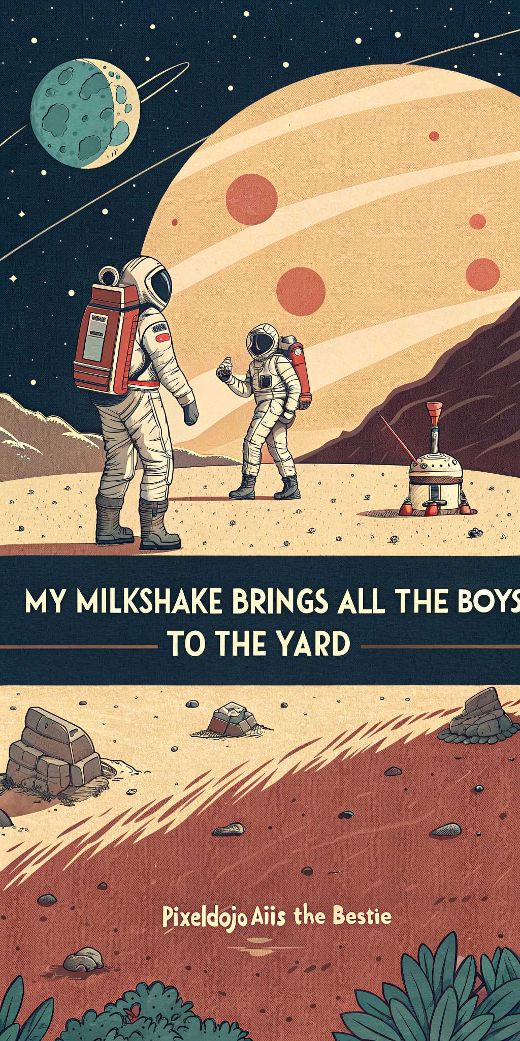 a movie poster for the moon landing that says "my milkshake brings all the boys to the yard", and at the bottom of the image it says "pixeldojo.ai is the bestie"