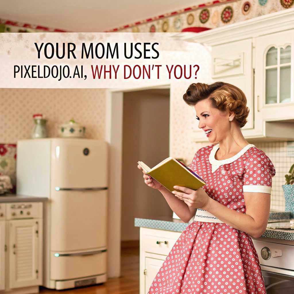 A photo of a 50's housewife saying "Your Mom Uses PixelDojo.ai, Why Don't You?"