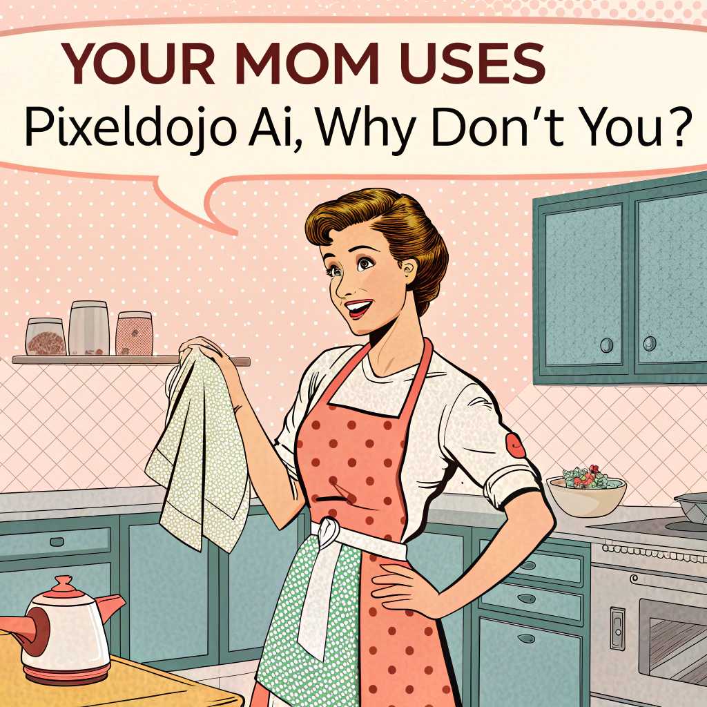 A photo of a 50's housewife saying "Your Mom Uses PixelDojo.ai, Why Don't You?"