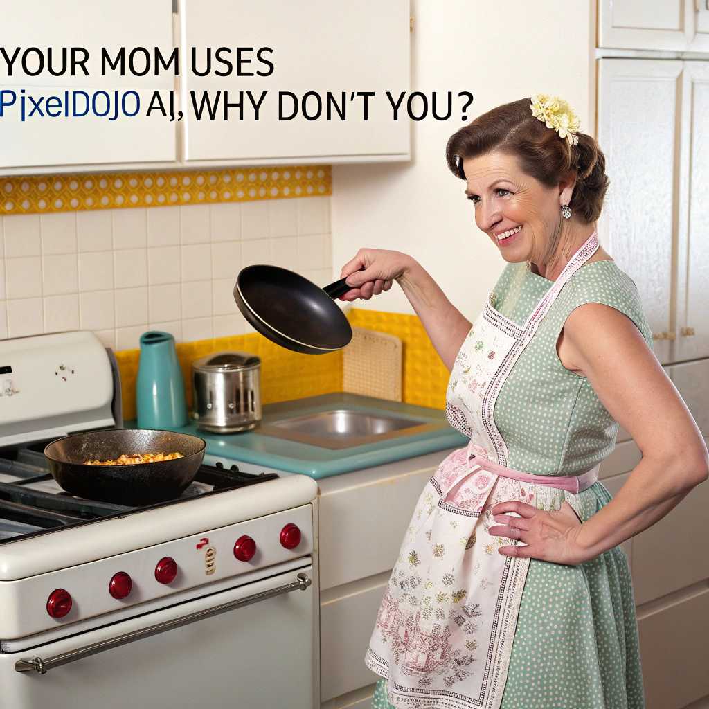 A photo of a 50's housewife saying "Your Mom Uses PixelDojo.ai, Why Don't You?"
