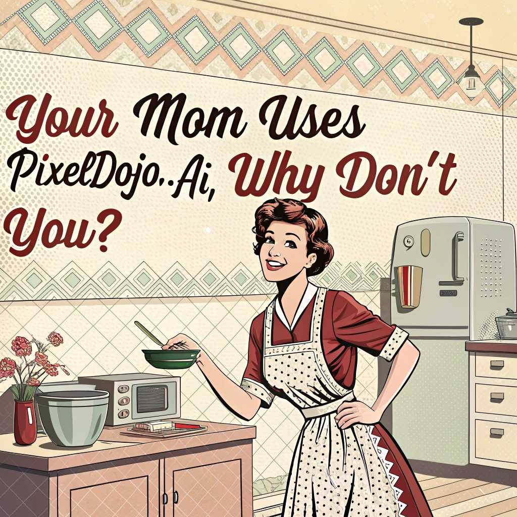 A photo of a 50's housewife saying "Your Mom Uses PixelDojo.ai, Why Don't You?"