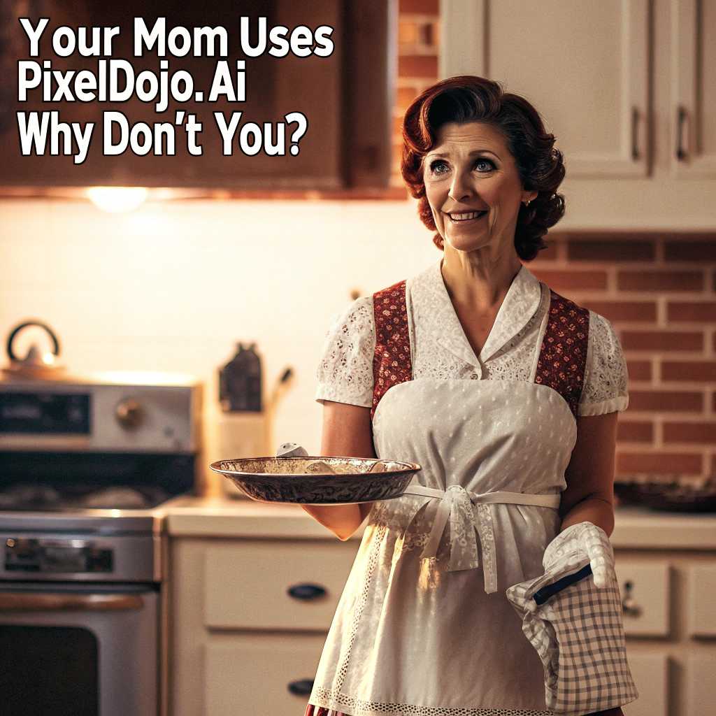 A photo of a 50's housewife saying "Your Mom Uses PixelDojo.ai, Why Don't You?"