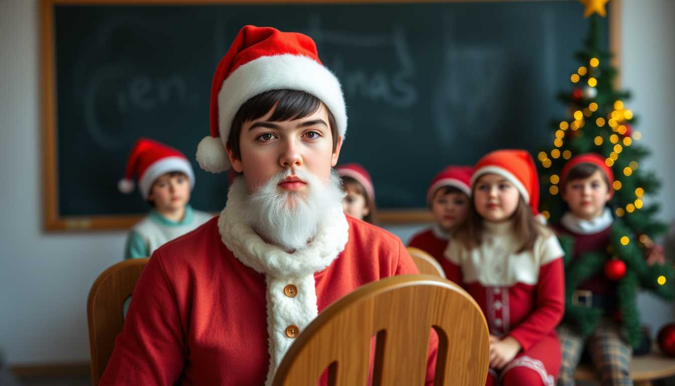 a photo of Stan12 boy, wide angle photograph of a twelve year old boy, full bodied, short black hair, hazel eyes, wearing a Santa Claus coat, wearing a Santa cap, a beard made from cotton balls, sitting in a chair made from solid wood, four classmates dressed as elves, performing a school play in front of classmates, blurred background of chalk board and a Christmas tree with small twinkle lights in the corner, natural lighting
