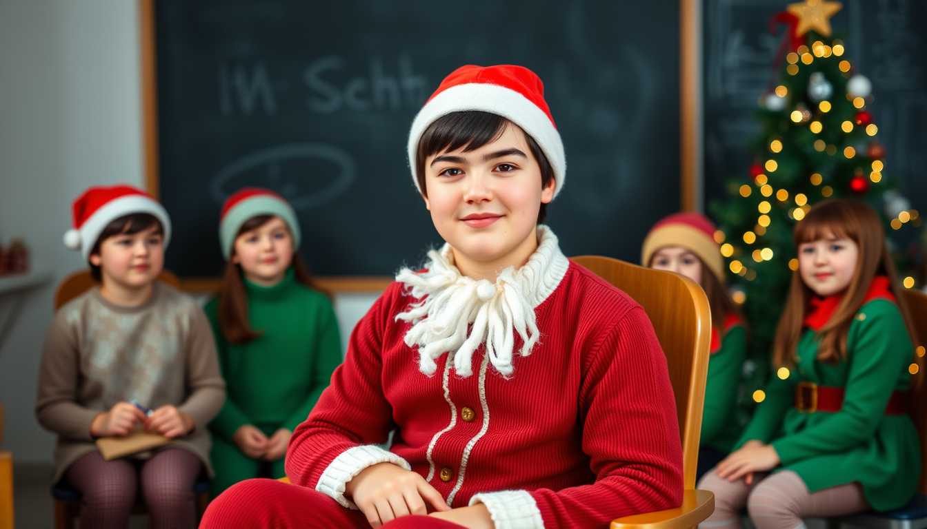 a photo of Stan12 boy, wide angle photograph of a happy twelve year old boy, full bodied shot, short black hair, hazel eyes, wearing a Santa Claus coat, red corduroy pants, wearing a Santa cap, a beard made from cotton balls, sitting in a chair made from solid wood, four classmates dressed as elves, performing a school play in front of classmates, blurred background of chalk board and a Christmas tree with small twinkle lights in the corner, natural lighting