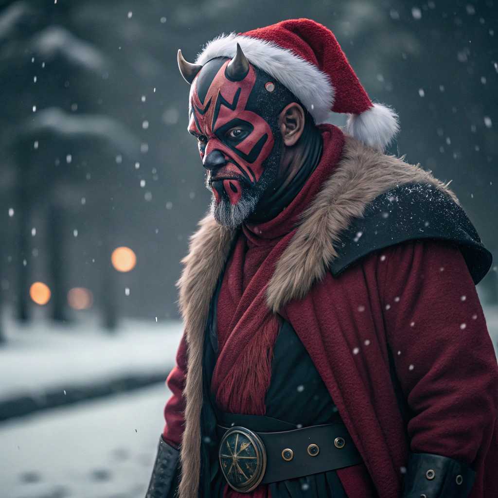 A highly detailed, cinematic portrait of Darth Maul from Star Wars dressed as Santa Claus. His signature red and black face tattoos and horns remain visible, contrasting with the bright red Santa hat and fluffy white trim. His Santa outfit is realistic, with a dark, rugged twist, featuring dark leather boots and a belt with a Sith emblem. Snow falling in the background, dramatic lighting enhances his menacing expression.