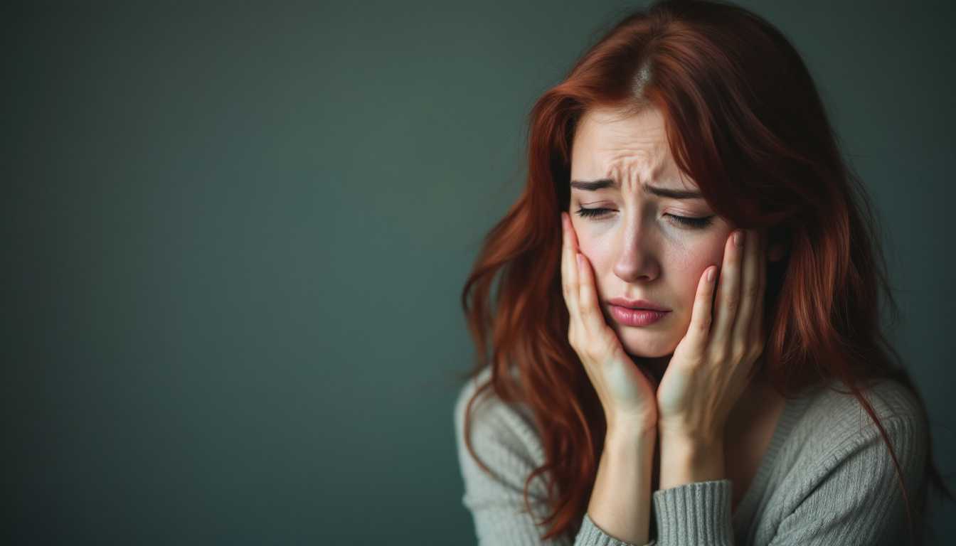 A beautiful dark red haired woman,who is very sad and distressed.Her facial expression conveys sadness and emotional pain.