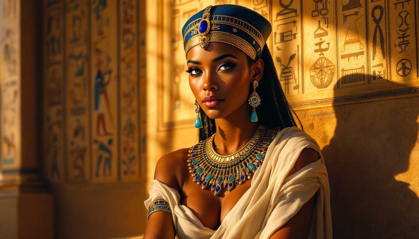 Portrait of an ancient Egyptian Queen sitting gracefully in a luxurious palace. Her striking blue eyes captivate the viewer, standing out against her rich, dark complexion. She wears an elegant, ornately decorated headdress featuring intricate gold patterns and vivid lapis lazuli, symbolizing royalty and divinity. Her attire is a delicate linen dress, adorned with elaborate jewelry, including vibrant turquoise and carnelian, reflecting the opulence of 3000 B.C. Egypt. Behind her, hieroglyphics adorn the walls, bathed in soft, golden sunlight, casting gentle shadows that highlight the bold, colorful frescoes. The ambiance exudes regal elegance, capturing the mystique and grandeur of ancient Egyptian civilization. The style is reminiscent of historical portraiture, with meticulous attention to detail, warm earth-toned palette, and a focus on luxurious textures and the serene expression on her face. The composition centers the Queen, inviting the viewer into her world of ancient power and beauty.