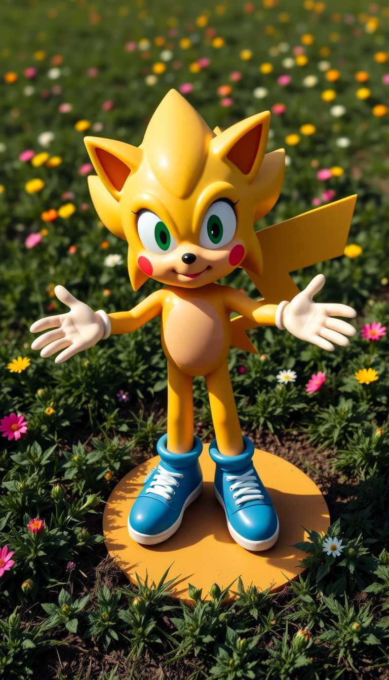 This image features a carved figure that creatively merges elements of two iconic characters Sonic the Hedgehog and Pikachu from the Pokmon series. The carved figure is predominantly yellow, with Sonics signature spiky hair and the pointed ears of Pikachu. The figure has Sonics green eyes and a small red mark on the left cheek, which is reminiscent of Pikachus markings.The carved figure is posed with its arms outstretched, one hand slightly raised as if in a greeting or a playful gesture. The legs are bent at the knees, with the feet wearing blue shoes with white soles and blue socks. The color scheme is bright and cheerful, with the yellow of the body contrasting against the blue of the shoes and socks.The carved figure is set against a green field with colorful wild flowers. The lighting is soft and even, casting a subtle shadow beneath the carved figure that outlines its shape. The shadow is a darker shade of yellow, matching the carved figures color palette.The carved figures art style is cartoonish and exaggerated, with large, expressive eyes and a friendly, inviting smile. The proportions are stylized, with the head being larger in relation to the body, which is a common trait in carved figures designed to appeal to collectors and fans of the characters.The medium of the carved figure is painted wood, as evidenced by its glossy finish and the way it reflects light. The details are painted on, with attention to the shading and highlights to give the figure depth and dimension.Overall, the image captures a whimsical and imaginative blend of two beloved characters, presented in a carved figure that is both playful and collectible.