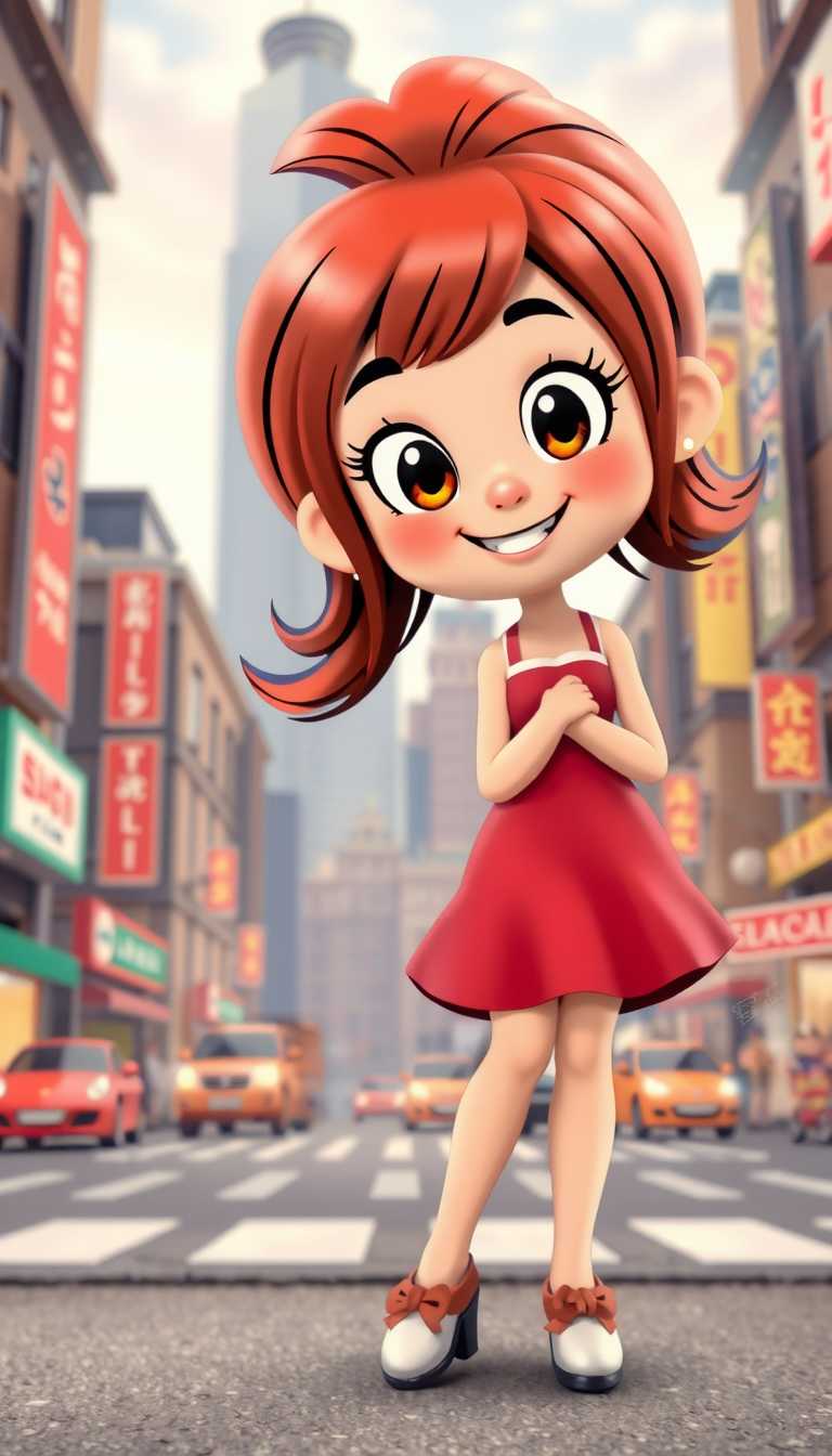 cartoon character, red dress, lively city background