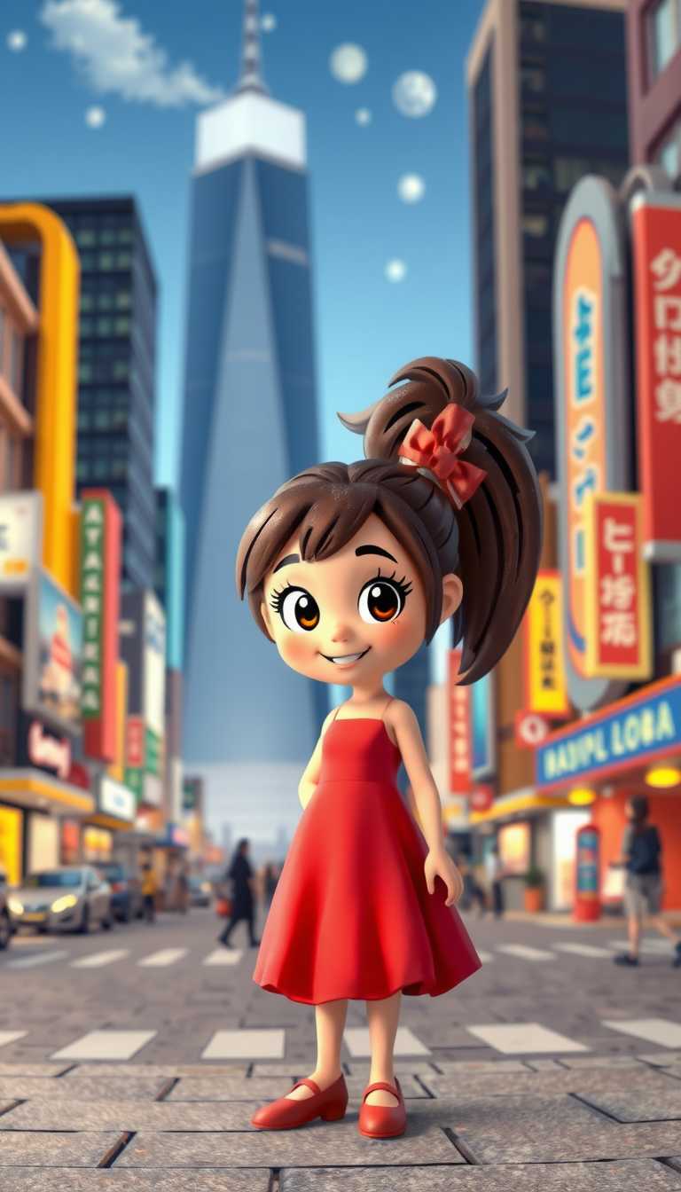 cartoon character, red dress, lively city background