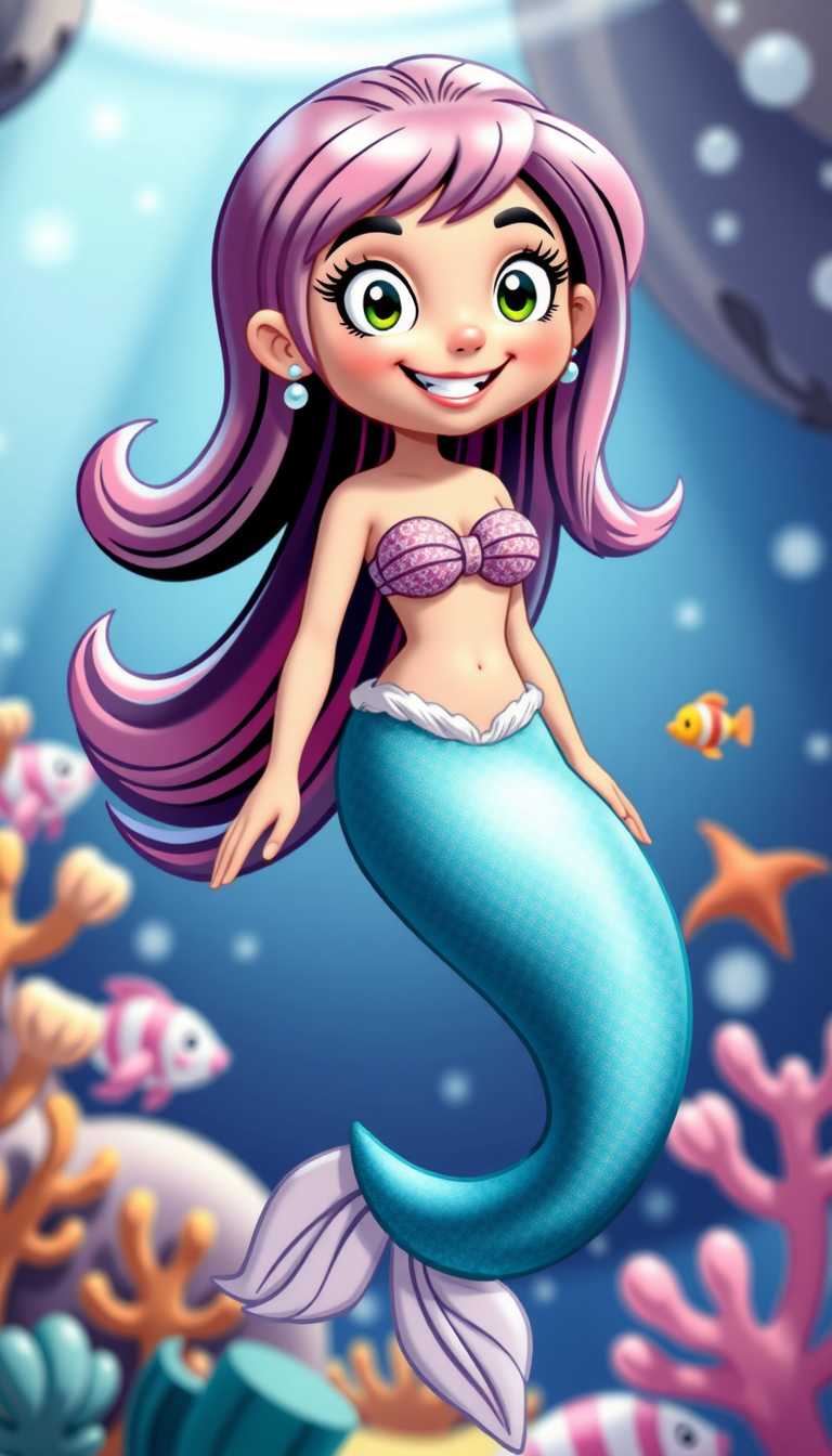 cartoon character, she was a mermaid, lively aquarium background