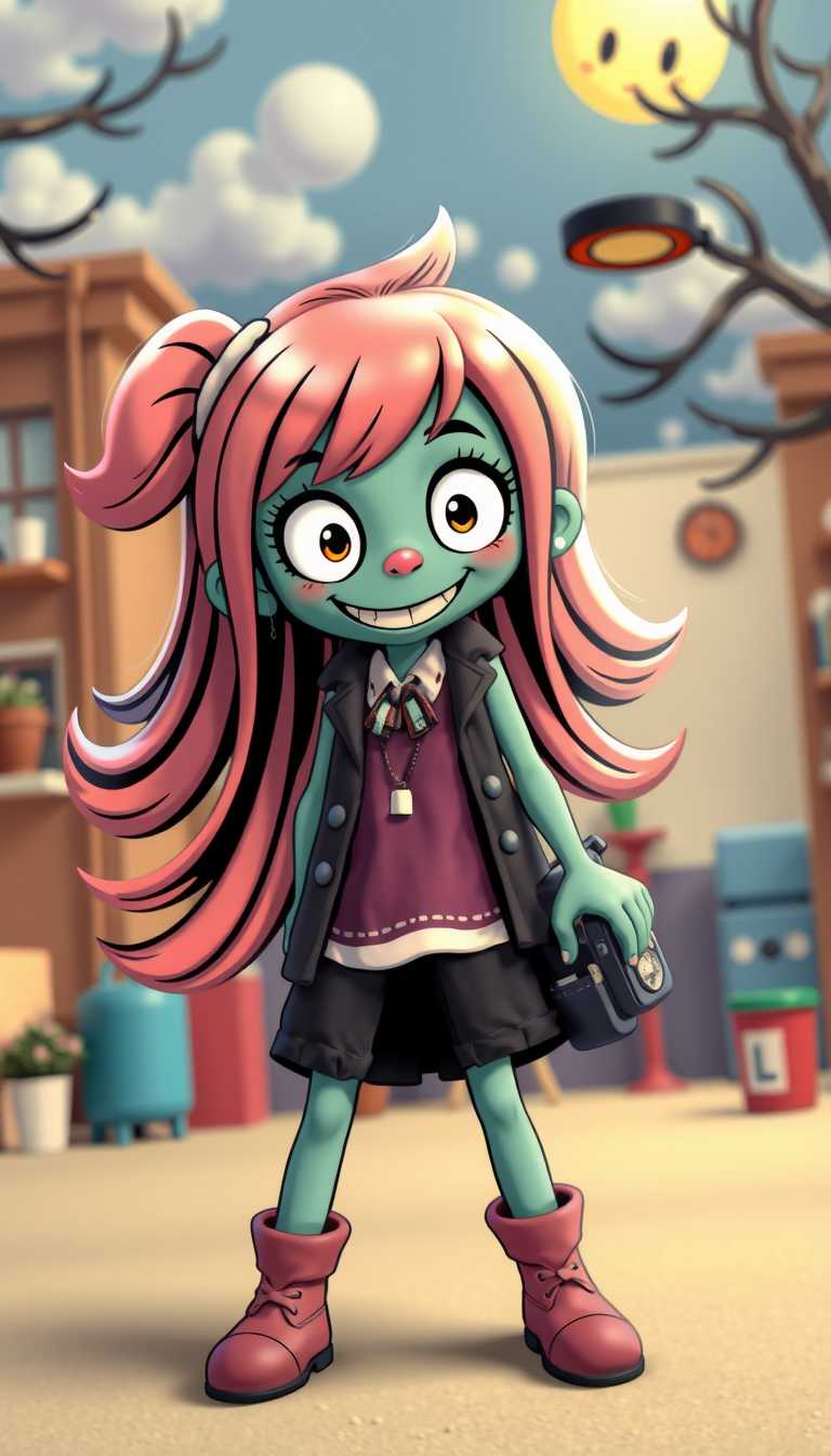 Cute Cartoon Girl with Pink Hair and Green Skin Standing on Street