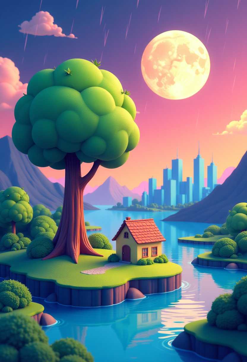 This 3D rendered image features bold outlines and exaggerated shapes. The colors in the image are rich and dynamic, with a warm palette that transitions from sunset oranges and yellows to twilight purples and blues. The use of color gradients and highlights adds depth and dimension to the scene, making the objects and the sky pop against the background.The objects in the image are as follows1. A large, round tree with a thick trunk and a full, rounded canopy, standing on an island in the foreground. The tree is depicted in a stylized manner with a simple outline and a gradient of green colors that give it a threedimensional appearance.2. A small, rustic house with a brown roof and a yellowish facade, situated on the same island as the tree. The house has a simple, geometric shape with a door and a window visible on the front.3. A body of water, likely a river or stream, flowing through the foreground. The water is depicted with a gradient of blue colors and a reflection of the sky and the surrounding landscape.4. A mountain range in the background, with a gradient of purple and blue hues that suggest the distance and the twilight atmosphere.5. A cityscape on an island in the distance, with tall, blue buildings that resemble skyscrapers. The cityscape is also reflected in the water, creating a symmetrical effect.6. A large, circular moon with a gradient of blue and white colors, hanging in the sky. The moon is partially obscured by clouds and rain streaks, adding to the dynamic and moody atmosphere of the scene.7. Rain streaks in various directions across the sky, giving the impression of a storm or a heavy downpour. The rain streaks are depicted with a simple, white outline and a gradient of purple and blue colors, blending into the clouds and the sky.