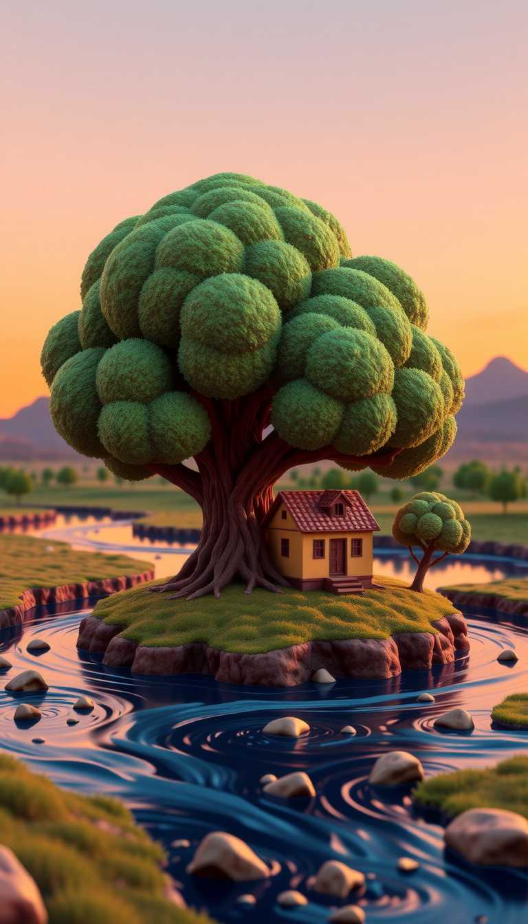 This 3D rendered image features bold outlines and exaggerated shapes. The colors in the image are rich and dynamic, with a warm palette that transitions from sunset oranges and yellows to twilight purples and blues. The use of color gradients and highlights adds depth and dimension to the scene, making the objects and the sky pop against the background.The objects in the image are as follows1. A large, round tree with a thick trunk and a full, rounded canopy, standing on an island in the foreground. The tree is depicted in a stylized manner with a simple outline and a gradient of green colors that give it a threedimensional appearance.2. A small, rustic house with a brown roof and a yellowish facade, situated on the same island as the tree. The house has a simple, geometric shape with a door and a window visible on the front.3. A body of water, likely a river or stream, flowing through the foreground. The water is depicted with a gradient of blue colors and a reflection of the sky and the surrounding landscape.4. A mountain range in the background, with a gradient of purple and blue hues that suggest the distance and the twilight atmosphere.5. A cityscape on an island in the distance, with tall, blue buildings that resemble skyscrapers. The cityscape is also reflected in the water, creating a symmetrical effect.6. A large, circular moon with a gradient of blue and white colors, hanging in the sky. The moon is partially obscured by clouds and rain streaks, adding to the dynamic and moody atmosphere of the scene.7. Rain streaks in various directions across the sky, giving the impression of a storm or a heavy downpour. The rain streaks are depicted with a simple, white outline and a gradient of purple and blue colors, blending into the clouds and the sky.