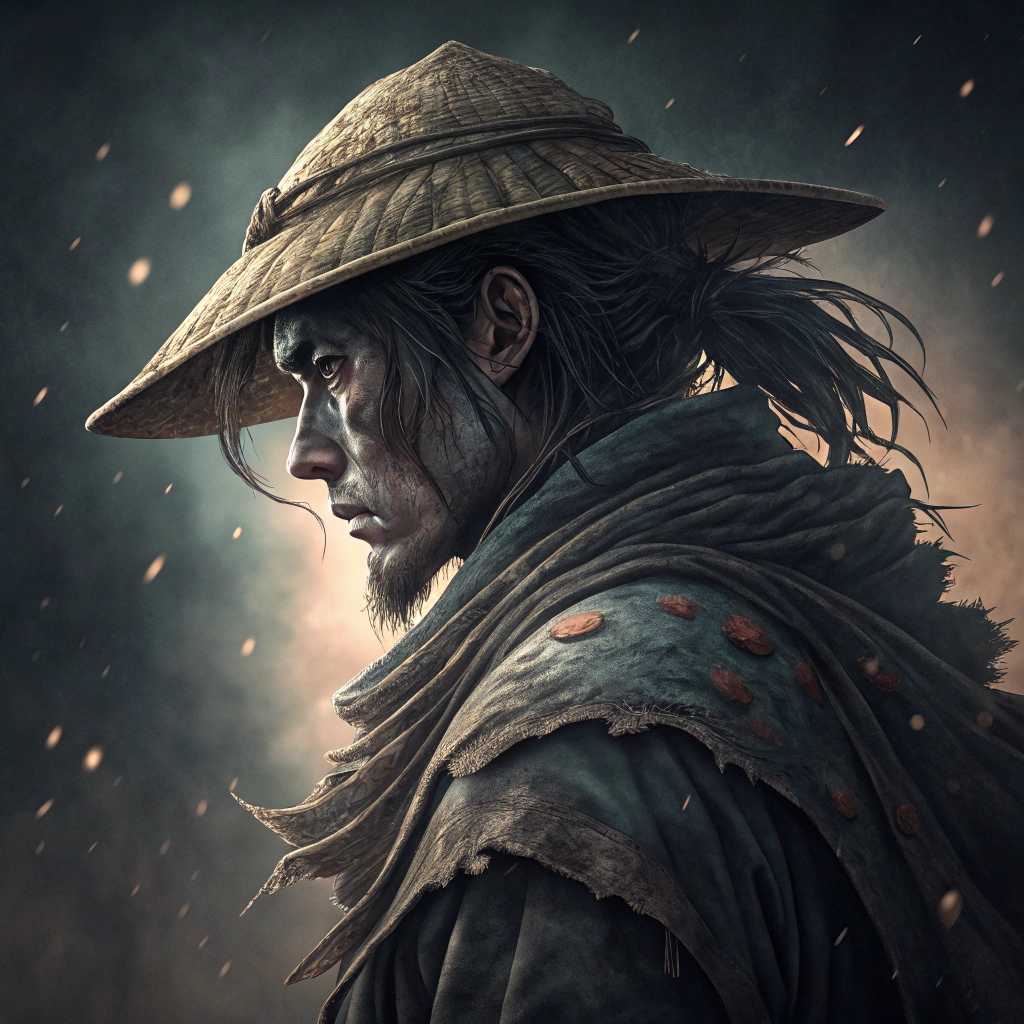Super details a mysterious, battle-worn warrior standing in profile amidst a dark and moody background filled with faintly glowing symbols. His face is partially obscured by the wide brim of a traditional, weathered straw hat, casting a deep shadow over his expression and enhancing his enigmatic aura, created by Sasan. His long, dark hair falls in uneven strands, blending with the layers of tattered, flowing fabric around him, each piece of cloth moving subtly with the air, adding a ghostly dynamic to his figure. His armor is dark and rugged, bearing scratches and signs of past battles, with faint glimmers of worn-out metallic elements attached to his torso and arms.
In his hand, he wields a sword, its blade alight with a magical orange glow that contrasts starkly against the surrounding darkness. Ancient symbols and patterns appear to flow along the sword, radiating a fiery energy that reflects off his armor and illuminates portions of his attire. The light from his blade reveals intricate details of his worn armor, crafted with leather straps, buckles, and fragments of engraved metal, designed for resilience and flexibility in combat. His stance is strong and calm, hinting at a seasoned fighter ready to confront any lurking danger. The atmosphere around him is filled with floating embers and wisps of smoke, adding a mystical and dangerous quality to the scene. Faint symbols and ancient writing are scattered in the background, glowing subtly as if responding to the power within his sword. The overall tone is dark and ominous, with muted colors that highlight the intensity of his glowing weapon and the worn, rugged look of his armor.