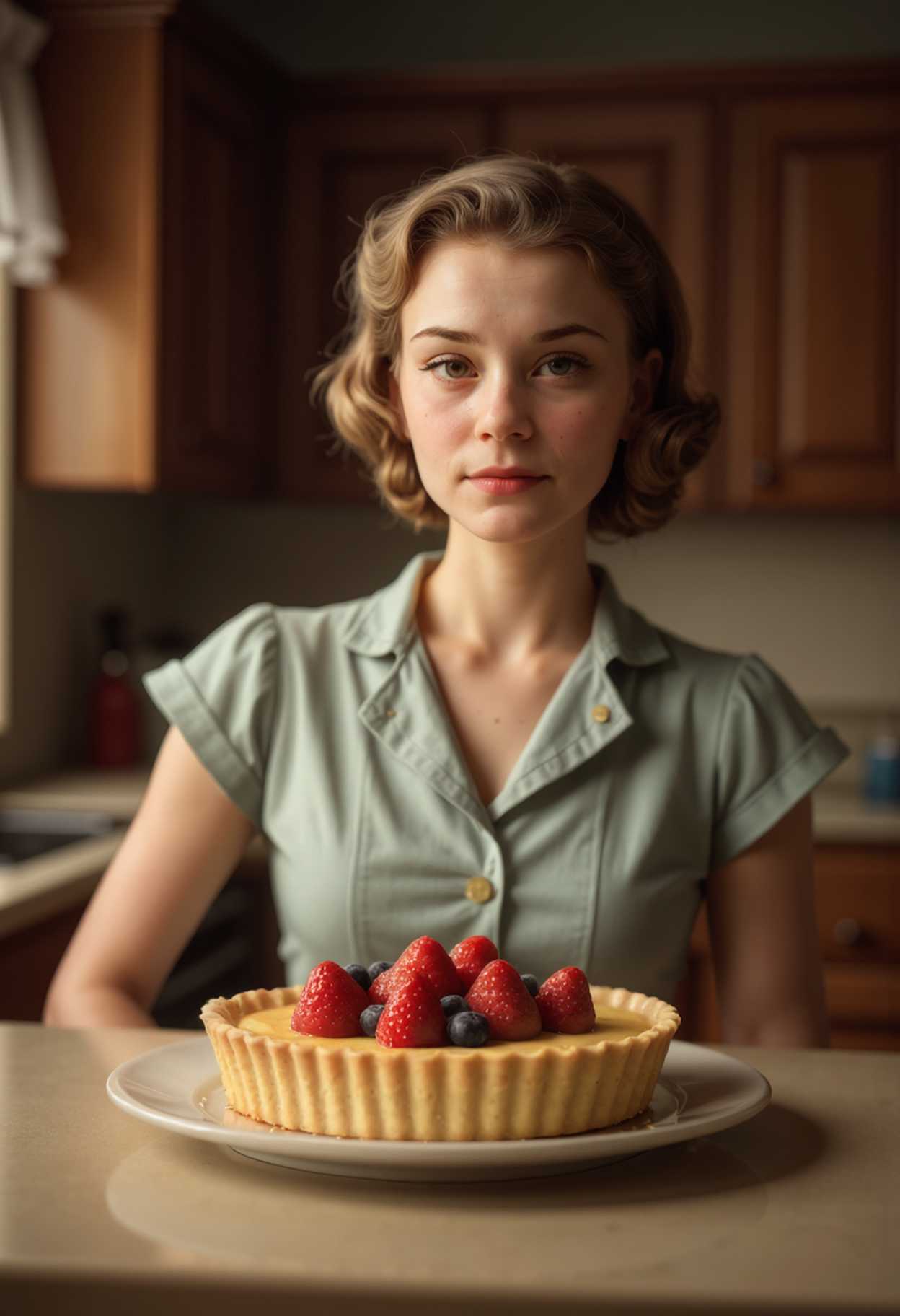 fruit tart and custard, elegant version, retro kitchen background, dramatic lighting, closeup of a 1950s housewife's face