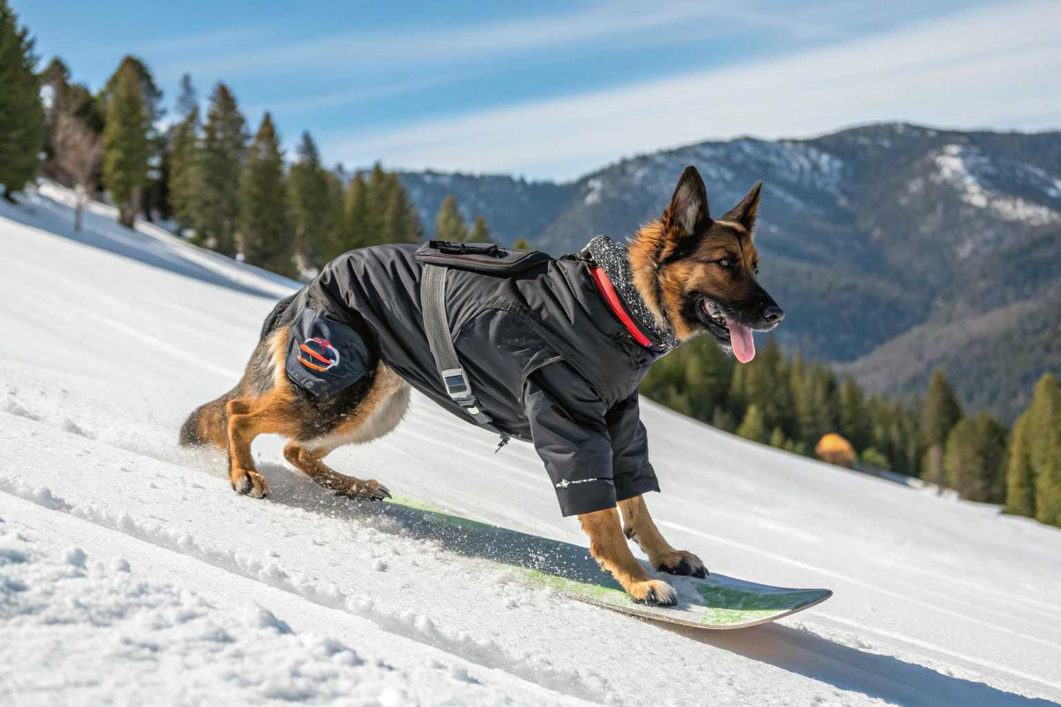 a german shepherd snowboarding