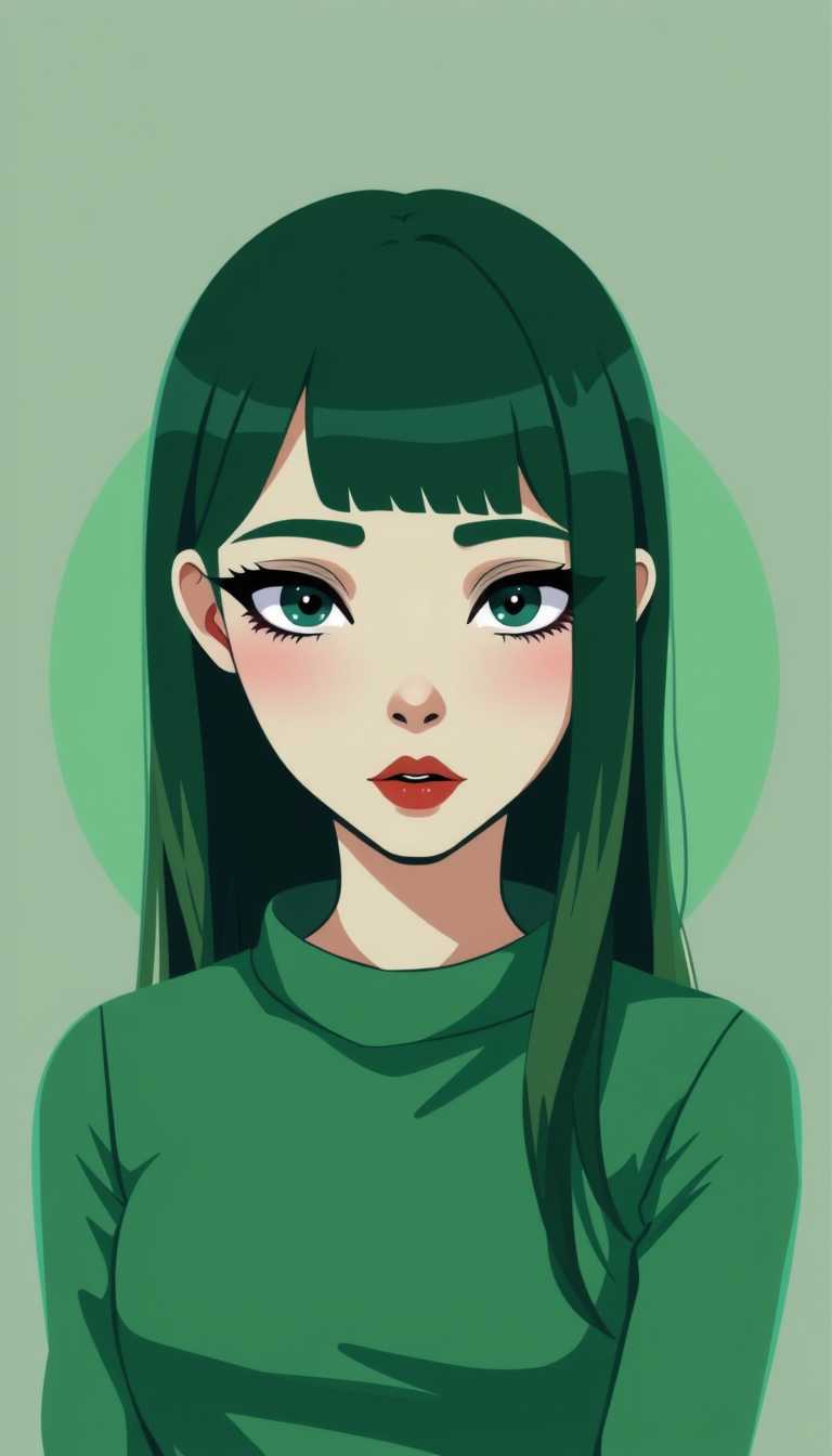This image is a digital illustration that features a stylized female character. The art style is modern and flat with a strong emphasis on geometric shapes and a limited color palette. The medium appears to be vectorbased, as evidenced by the clean lines and crisp edges.The color scheme is a monochromatic green, with varying shades creating depth and dimension. The characters hair and clothing are a deep forest green, while the background is a lighter, almost mint green. The use of green hues gives the image a fresh, organic feel.The characters hair is long and straight, with a gradient of green tones that add to the threedimensional effect. It flows down her back and over her shoulders, with a few strands gently framing her face. The hair is detailed with subtle highlights and shadows, which are created by the varying green tones.She wears a simple, highnecked top that matches the green of her hair and background. The neckline is slightly rounded, and the fabric appears to be smooth and tight, suggesting a fitted design. The top is unadorned, with no patterns or embellishments, which keeps the focus on the characters face and hair.The characters facial features are pronounced and expressive. She has large, almondshaped eyes that are a bright, chartreuse green, which stands out against her darker hair. The eyes are detailed with a hint of reflection and a slight glint, giving them a lifelike quality. Her eyebrows are thick and welldefined, with a slight arch, and her lashes are long and curled.Her nose is small and delicate, with a subtle hint of pink at the tip, and her lips are full and slightly parted, with a soft pink hue. The overall expression on her face is neutral, with a slight tilt of her head that gives her a curious or contemplative demeanor.The earrings she wears are simple and elegant, consisting of two small, squareshaped pendants that match the green of her top. They hang from her ears on thin strings, and their placement is strategic, adding to the overall harmony of the image.The background is a uniform green, which complements the characters hair and clothing. 